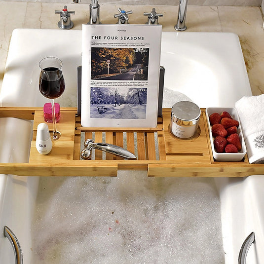 Translation missing: en.Bathroom Bamboo Bath Caddy Wine Glass Holder Table Tray Bathtub Rack Soap Shelf