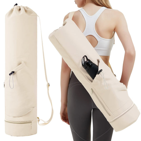 Translation missing: en.Off White Durable Yoga Mat Carry Bag - Multi-Functional Fitness Backpack with Wet Pocket(Mugs are filming props, not included)