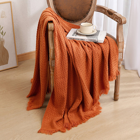 Translation missing: en.130*230CM Caramel Nordic Solid Color Knitted Sofa Throw Blanket with Tassels - Waffle Weave Polyester Decorative Blanket