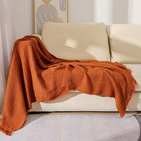 Translation missing: en.130*230CM Caramel Nordic Solid Color Knitted Sofa Throw Blanket with Tassels - Waffle Weave Polyester Decorative Blanket