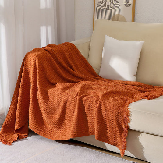 Translation missing: en.130*230CM Caramel Nordic Solid Color Knitted Sofa Throw Blanket with Tassels - Waffle Weave Polyester Decorative Blanket