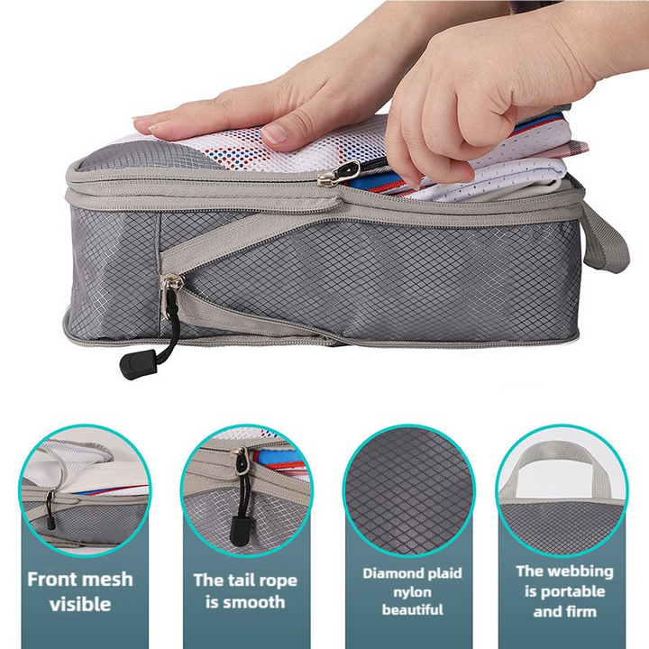 Translation missing: en.4-piece Set Grey Compression Travel Storage Bags Set, Mesh Travel Organizers for Luggage, Foldable and Space-Saving Packing Cubes