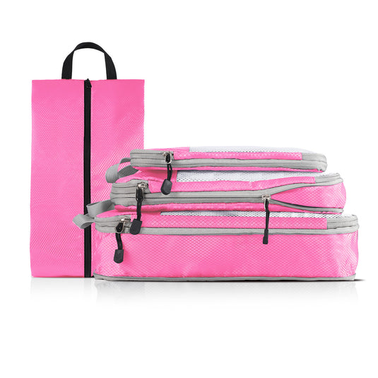 Translation missing: en.4-piece Set Pink Compression Travel Storage Bags Set, Mesh Travel Organizers for Luggage, Foldable and Space-Saving Packing Cubes