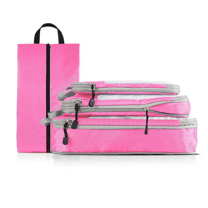 Translation missing: en.4-piece Set Pink Compression Travel Storage Bags Set, Mesh Travel Organizers for Luggage, Foldable and Space-Saving Packing Cubes