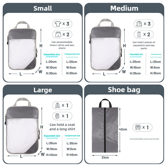 Translation missing: en.4-piece Set Pink Compression Travel Storage Bags Set, Mesh Travel Organizers for Luggage, Foldable and Space-Saving Packing Cubes
