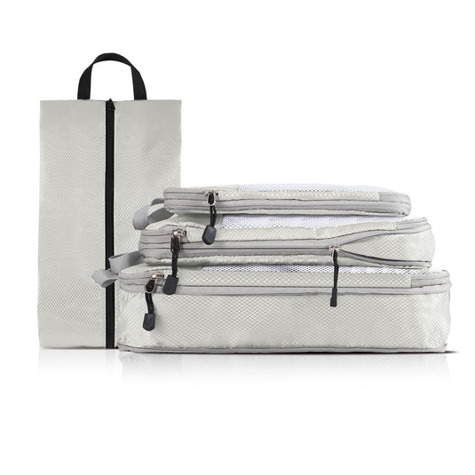 Translation missing: en.4-piece Set Beige Compression Travel Storage Bags Set, Mesh Travel Organizers for Luggage, Foldable and Space-Saving Packing Cubes