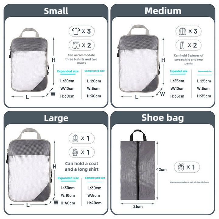 Translation missing: en.4-piece Set Beige Compression Travel Storage Bags Set, Mesh Travel Organizers for Luggage, Foldable and Space-Saving Packing Cubes