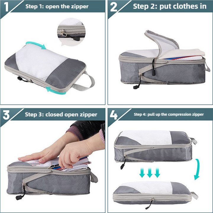 Translation missing: en.4-piece Set Beige Compression Travel Storage Bags Set, Mesh Travel Organizers for Luggage, Foldable and Space-Saving Packing Cubes