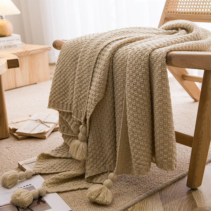 Translation missing: en.Beige 110cm x 150cm Soft Tassel Throw Blanket for Sofa or Bed, Cozy  Casual Blanket for Office Nap, Minimalist Bed End Cover