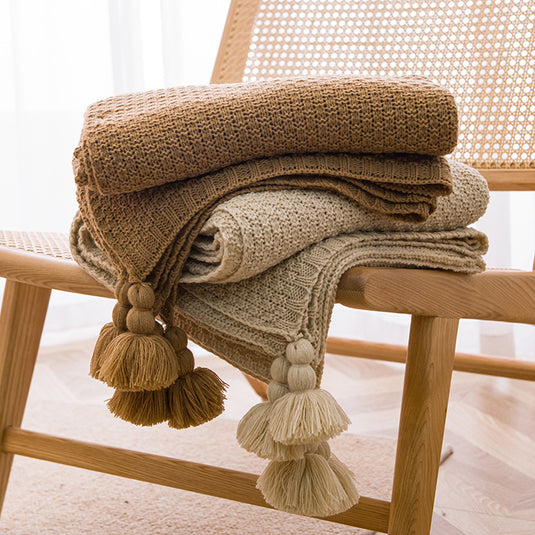 Translation missing: en.Beige 110cm x 150cm Soft Tassel Throw Blanket for Sofa or Bed, Cozy  Casual Blanket for Office Nap, Minimalist Bed End Cover