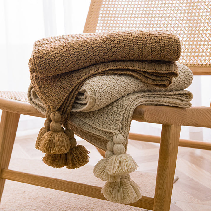 Translation missing: en.Beige 110cm x 150cm Soft Tassel Throw Blanket for Sofa or Bed, Cozy  Casual Blanket for Office Nap, Minimalist Bed End Cover
