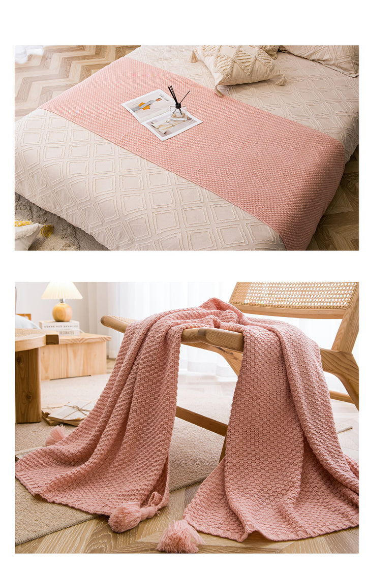 Translation missing: en.Beige 110cm x 150cm Soft Tassel Throw Blanket for Sofa or Bed, Cozy  Casual Blanket for Office Nap, Minimalist Bed End Cover