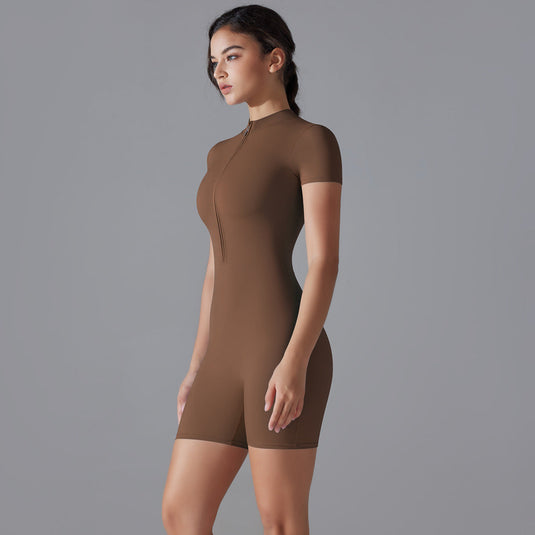Translation missing: en.Brown Size S Women's Summer Zip-Up Bodysuit - Short Sleeve, High Stretch Yoga &amp; Dance Outfit, Breathable Fitness Wear