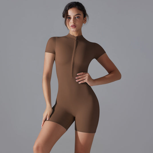 Translation missing: en.Brown Size XL Women's Summer Zip-Up Bodysuit - Short Sleeve, High Stretch Yoga &amp; Dance Outfit, Breathable Fitness Wear