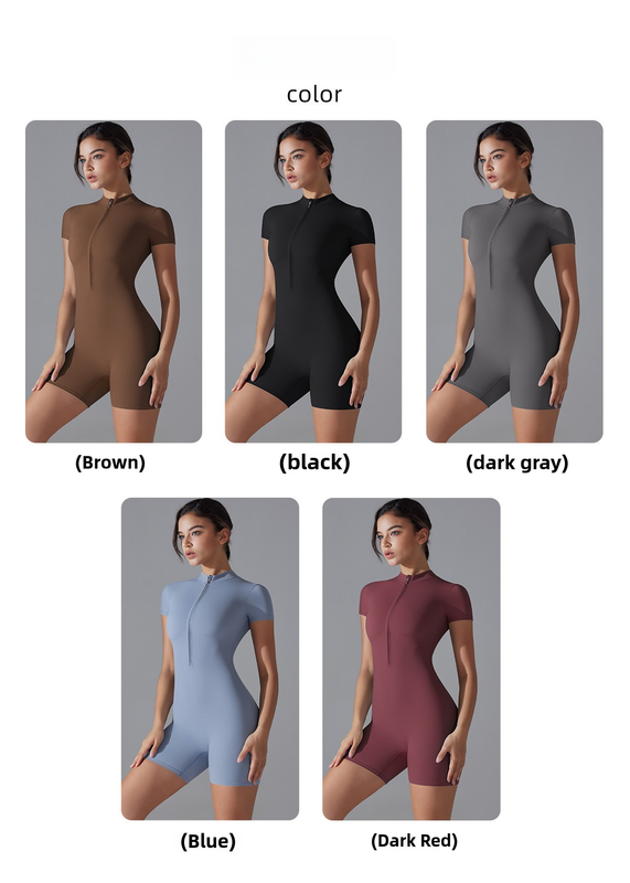 Translation missing: en.Black Size S Women's Summer Zip-Up Bodysuit - Short Sleeve, High Stretch Yoga &amp; Dance Outfit, Breathable Fitness Wear