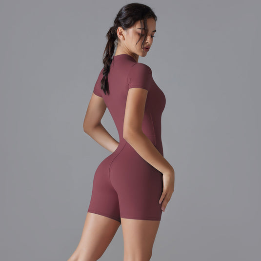 Translation missing: en.Dark Red Size S Women's Summer Zip-Up Bodysuit - Short Sleeve, High Stretch Yoga &amp; Dance Outfit, Breathable Fitness Wear