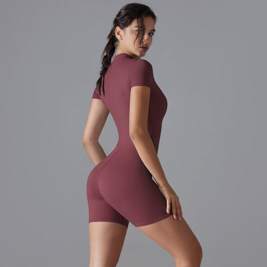 Translation missing: en.Dark Red Size M Women's Summer Zip-Up Bodysuit - Short Sleeve, High Stretch Yoga &amp; Dance Outfit, Breathable Fitness Wear