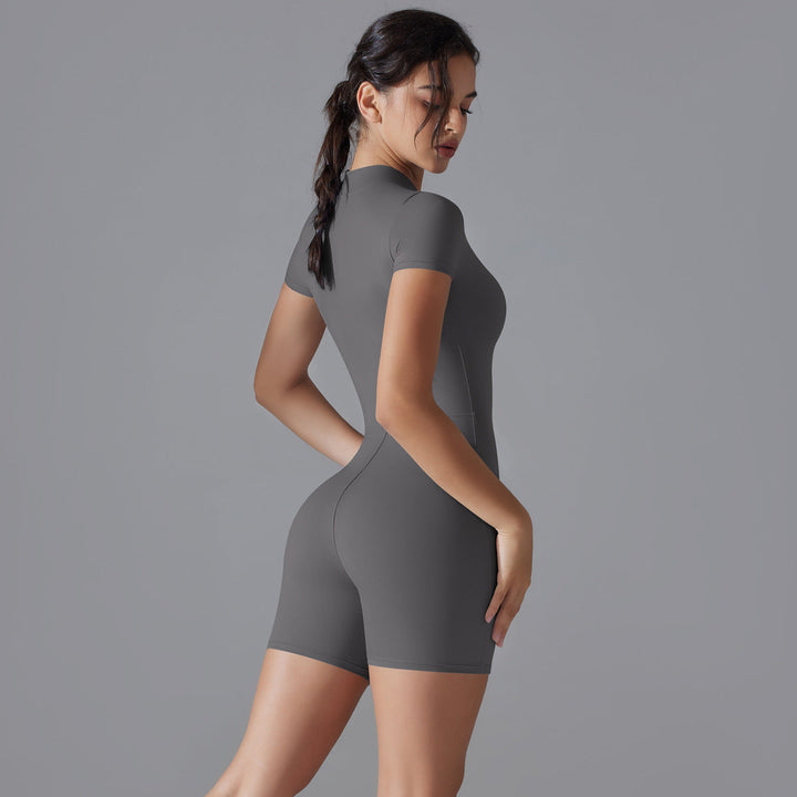 Translation missing: en.Dark Grey Size S Women's Summer Zip-Up Bodysuit - Short Sleeve, High Stretch Yoga &amp; Dance Outfit, Breathable Fitness Wear