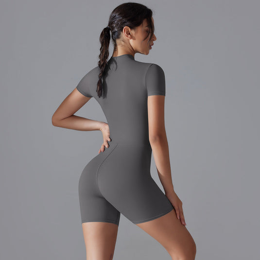 Translation missing: en.Dark Grey Size S Women's Summer Zip-Up Bodysuit - Short Sleeve, High Stretch Yoga &amp; Dance Outfit, Breathable Fitness Wear
