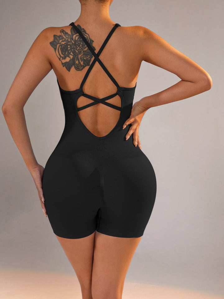 Translation missing: en.Size S Black Seamless Yoga Bodysuit - Women's Athletic Romper, Crisscross Back, Workout Jumpsuit