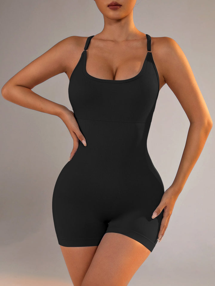 Translation missing: en.Size S Black Seamless Yoga Bodysuit - Women's Athletic Romper, Crisscross Back, Workout Jumpsuit