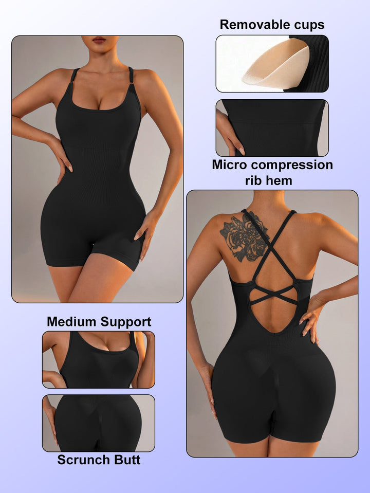 Translation missing: en.Size S Black Seamless Yoga Bodysuit - Women's Athletic Romper, Crisscross Back, Workout Jumpsuit