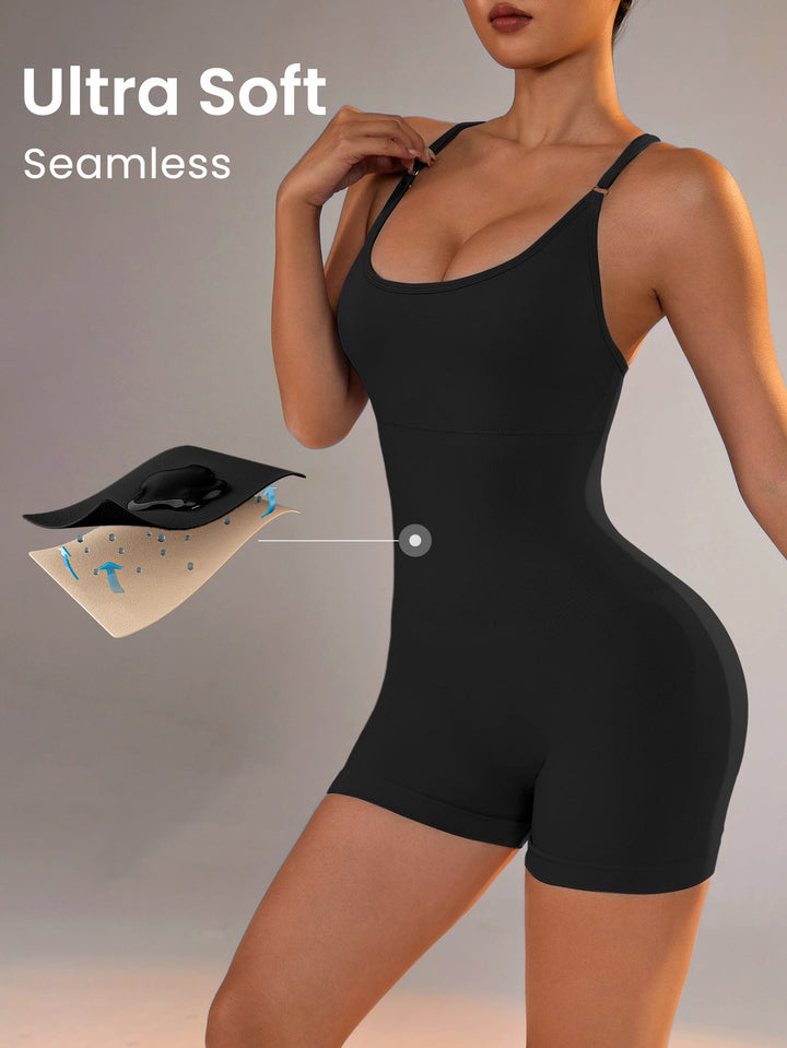 Translation missing: en.Size M Black Nylon Seamless Yoga Bodysuit - Women's Athletic Romper, Crisscross Back, Workout Jumpsuit