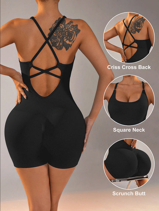 Translation missing: en.Size M Black Nylon Seamless Yoga Bodysuit - Women's Athletic Romper, Crisscross Back, Workout Jumpsuit