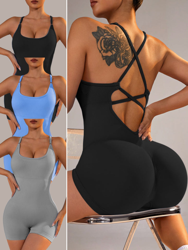 Translation missing: en.Size L Black Nylon Seamless Yoga Bodysuit - Women's Athletic Romper, Crisscross Back, Workout Jumpsuit
