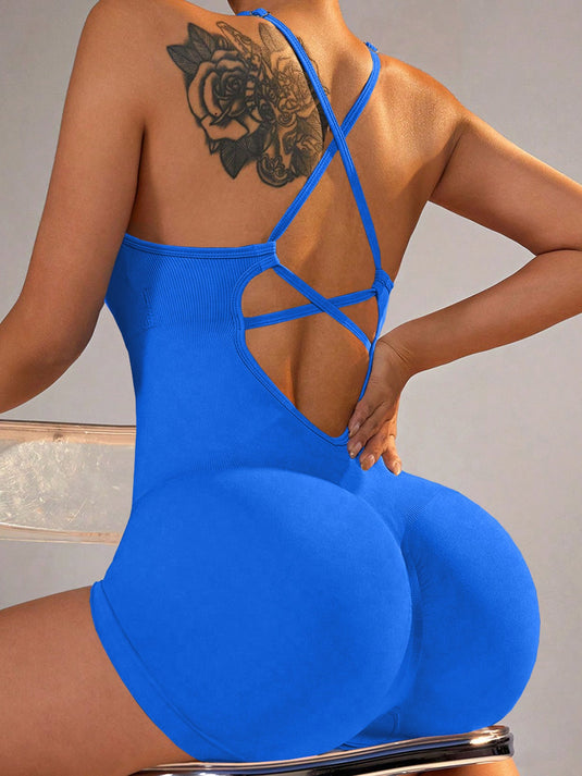 Translation missing: en.Size L Royal Blue Nylon Seamless Yoga Bodysuit - Women's Athletic Romper, Crisscross Back, Workout Jumpsuit
