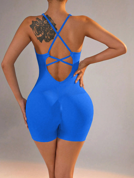Translation missing: en.Size S Royal Blue Nylon Seamless Yoga Bodysuit - Women's Athletic Romper, Crisscross Back, Workout Jumpsuit