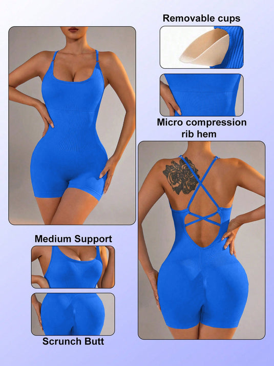 Translation missing: en.Size XS Royal Blue Nylon Seamless Yoga Bodysuit - Women's Athletic Romper, Crisscross Back, Workout Jumpsuit