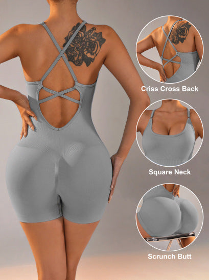 Translation missing: en.Size S Light Grey Nylon Seamless Yoga Bodysuit - Women's Athletic Romper, Crisscross Back, Workout Jumpsuit