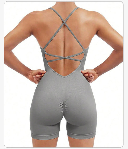 Translation missing: en.Size M Light Grey Nylon Seamless Yoga Bodysuit - Women's Athletic Romper, Crisscross Back, Workout Jumpsuit