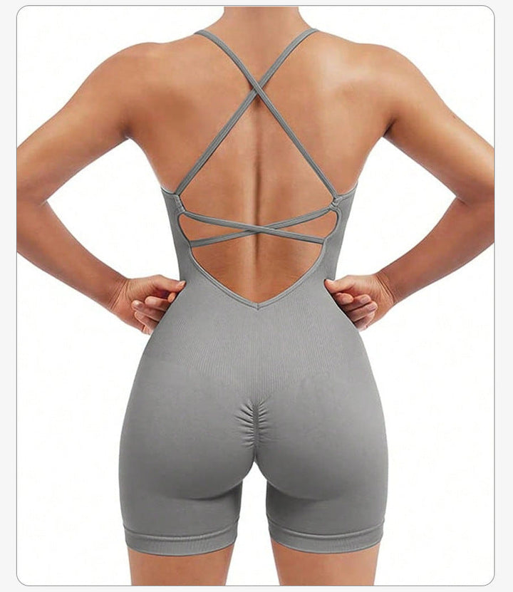 Translation missing: en.Size M Light Grey Nylon Seamless Yoga Bodysuit - Women's Athletic Romper, Crisscross Back, Workout Jumpsuit