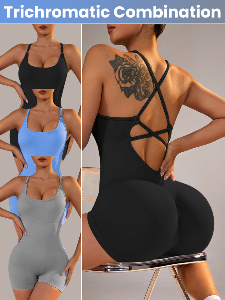 Translation missing: en.Size M Light Grey Nylon Seamless Yoga Bodysuit - Women's Athletic Romper, Crisscross Back, Workout Jumpsuit