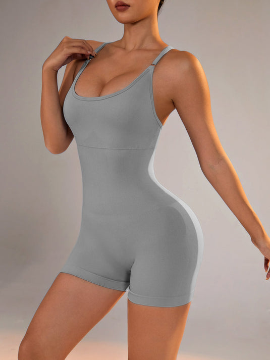 Translation missing: en.Size M Light Grey Nylon Seamless Yoga Bodysuit - Women's Athletic Romper, Crisscross Back, Workout Jumpsuit