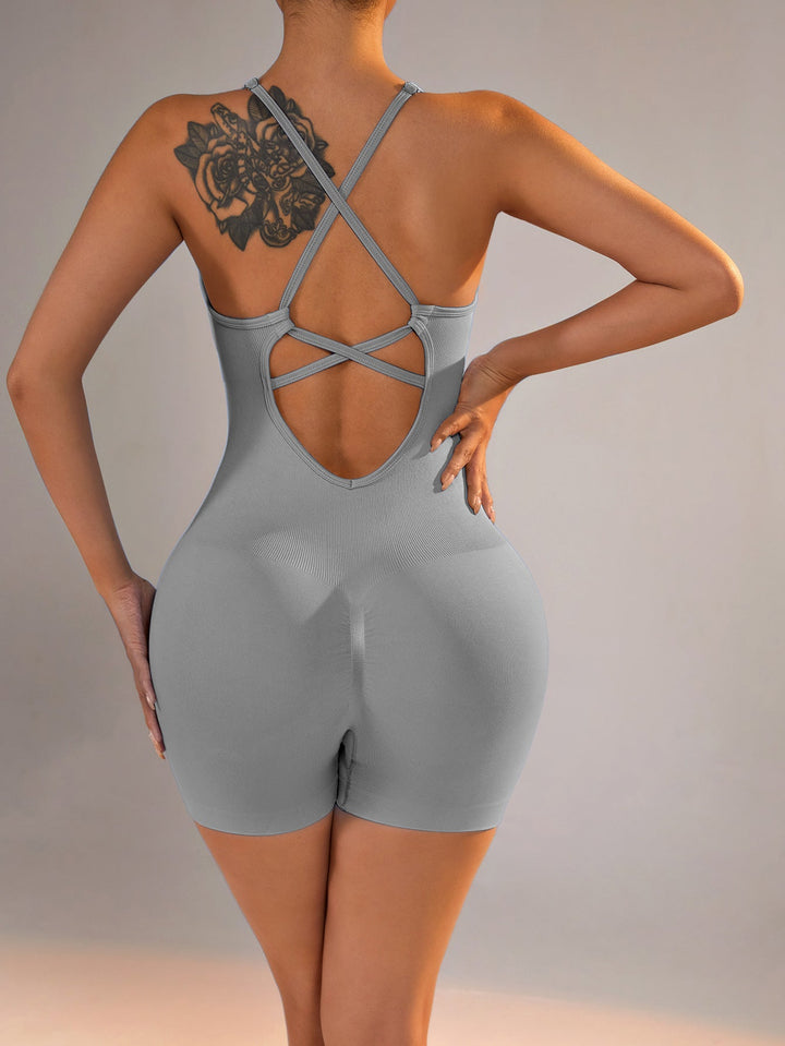 Translation missing: en.Size L Light Grey Nylon Seamless Yoga Bodysuit - Women's Athletic Romper, Crisscross Back, Workout Jumpsuit