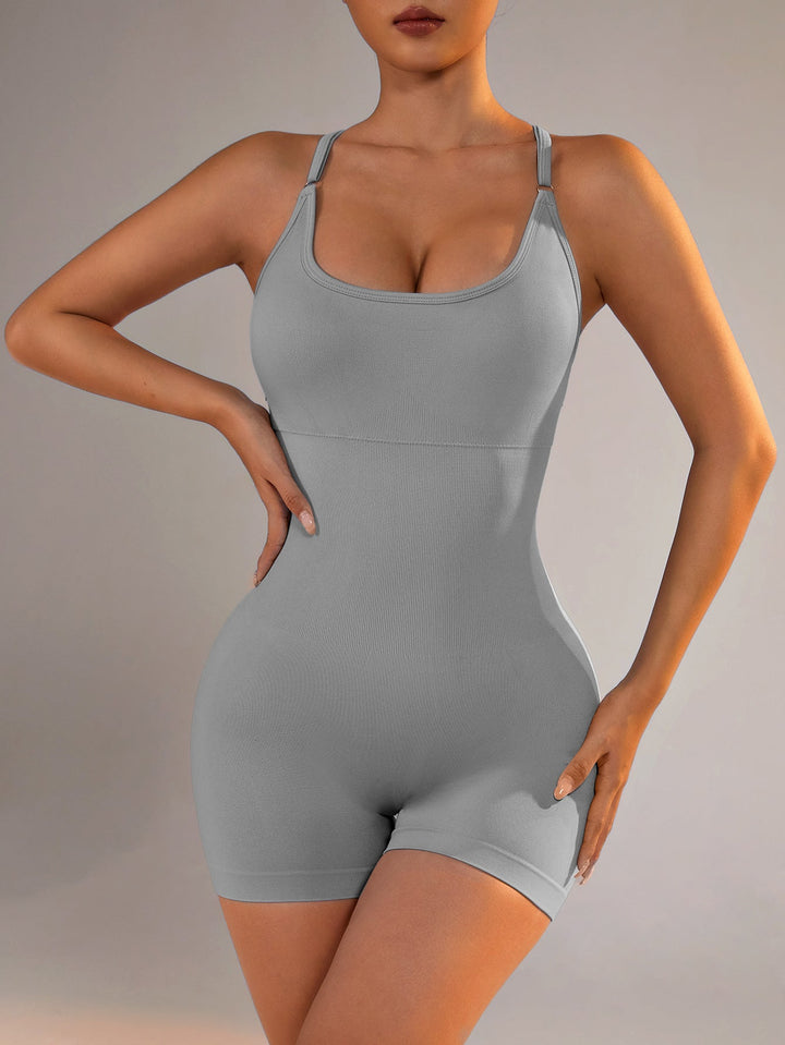 Translation missing: en.Size L Light Grey Nylon Seamless Yoga Bodysuit - Women's Athletic Romper, Crisscross Back, Workout Jumpsuit