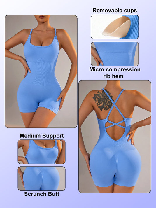 Translation missing: en.Size M Light Blue Nylon Seamless Yoga Bodysuit - Women's Athletic Romper, Crisscross Back, Workout Jumpsuit