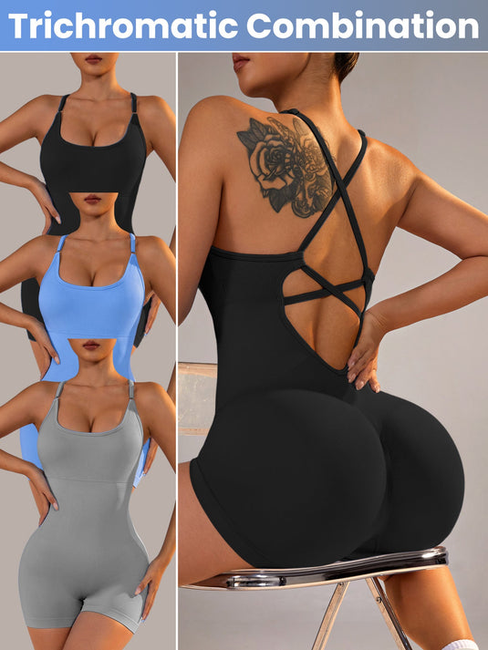 Translation missing: en.Size XS Light Blue Nylon Seamless Yoga Bodysuit - Women's Athletic Romper, Crisscross Back, Workout Jumpsuit