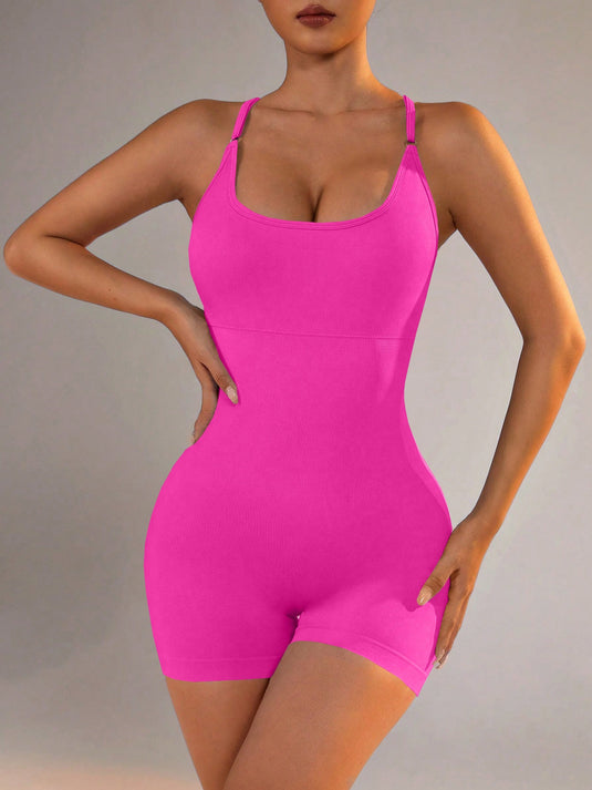 Translation missing: en.Size XS Rose Red Grey Nylon Seamless Yoga Bodysuit - Women's Athletic Romper, Crisscross Back, Workout Jumpsuit