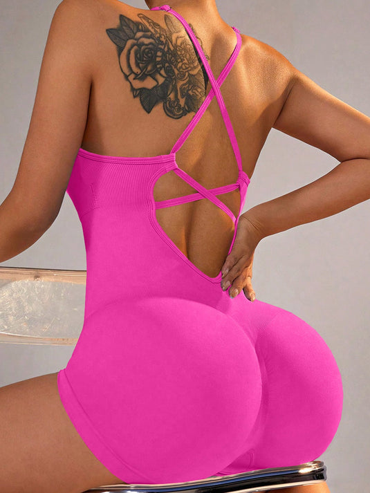 Translation missing: en.Size XS Rose Red Grey Nylon Seamless Yoga Bodysuit - Women's Athletic Romper, Crisscross Back, Workout Jumpsuit