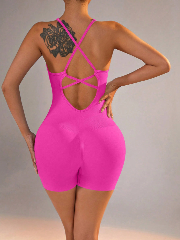 Translation missing: en.Size XS Rose Red Grey Nylon Seamless Yoga Bodysuit - Women's Athletic Romper, Crisscross Back, Workout Jumpsuit
