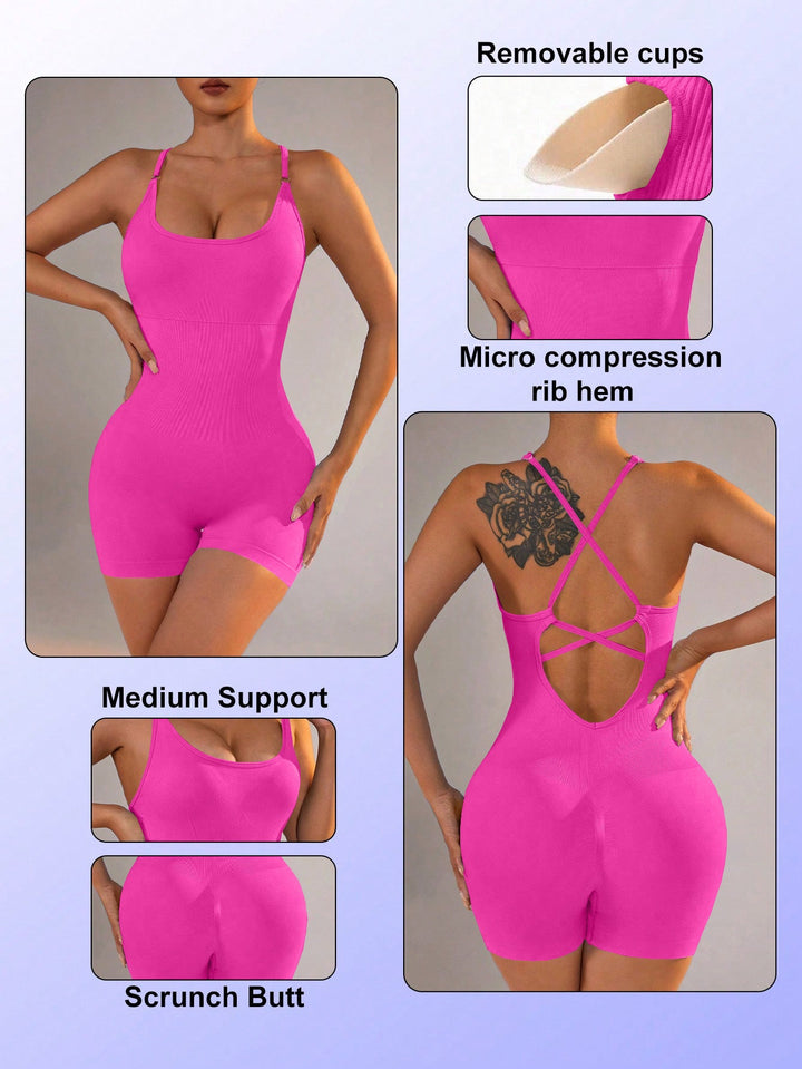 Translation missing: en.Size XS Rose Red Grey Nylon Seamless Yoga Bodysuit - Women's Athletic Romper, Crisscross Back, Workout Jumpsuit
