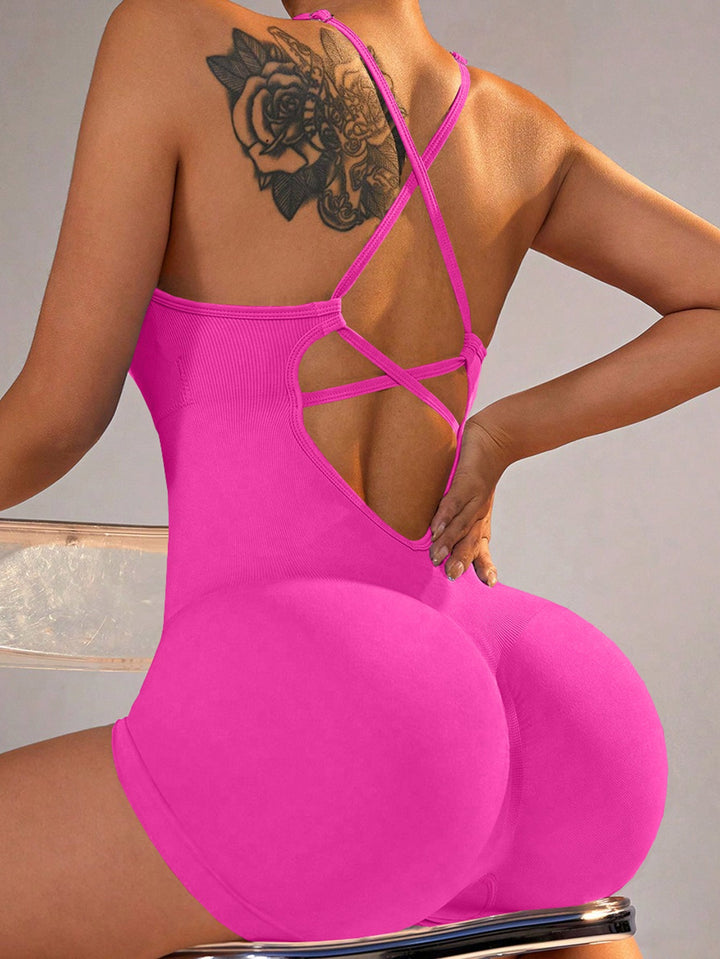 Translation missing: en.Size S Rose Red Grey Nylon Seamless Yoga Bodysuit - Women's Athletic Romper, Crisscross Back, Workout Jumpsuit