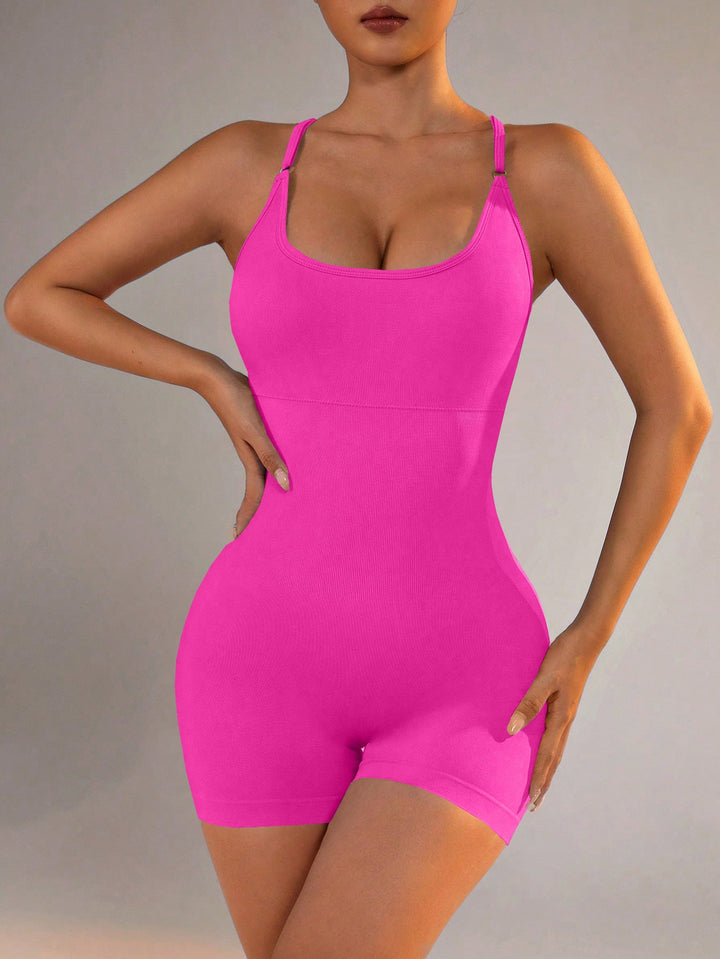 Translation missing: en.Size M Rose Red Grey Nylon Seamless Yoga Bodysuit - Women's Athletic Romper, Crisscross Back, Workout Jumpsuit