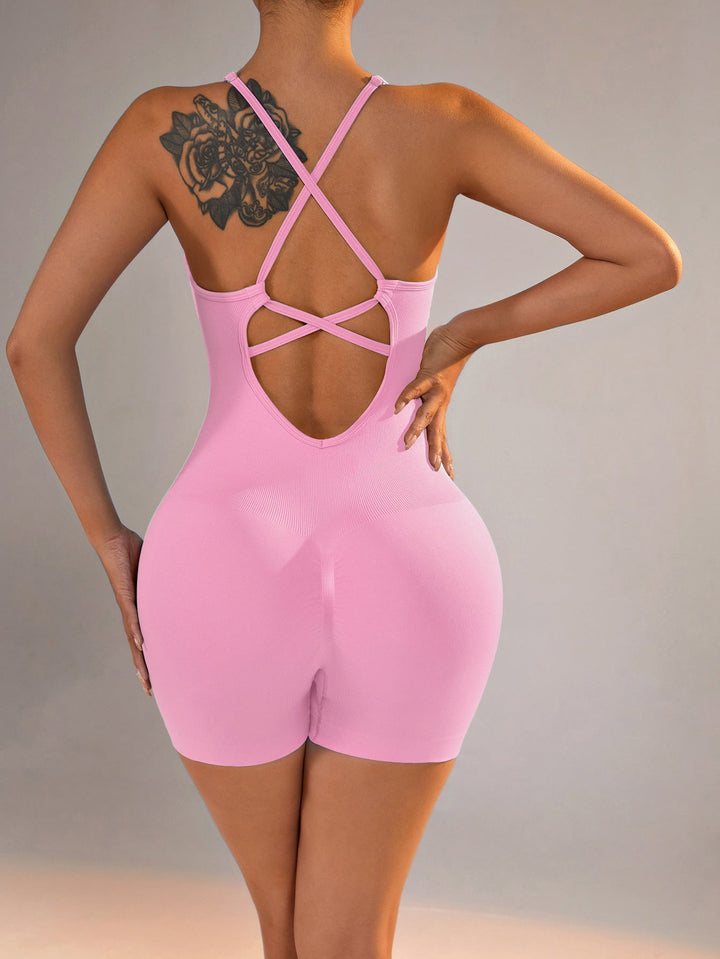 Translation missing: en.Size L Light Pink Grey Nylon Seamless Yoga Bodysuit - Women's Athletic Romper, Crisscross Back, Workout Jumpsuit