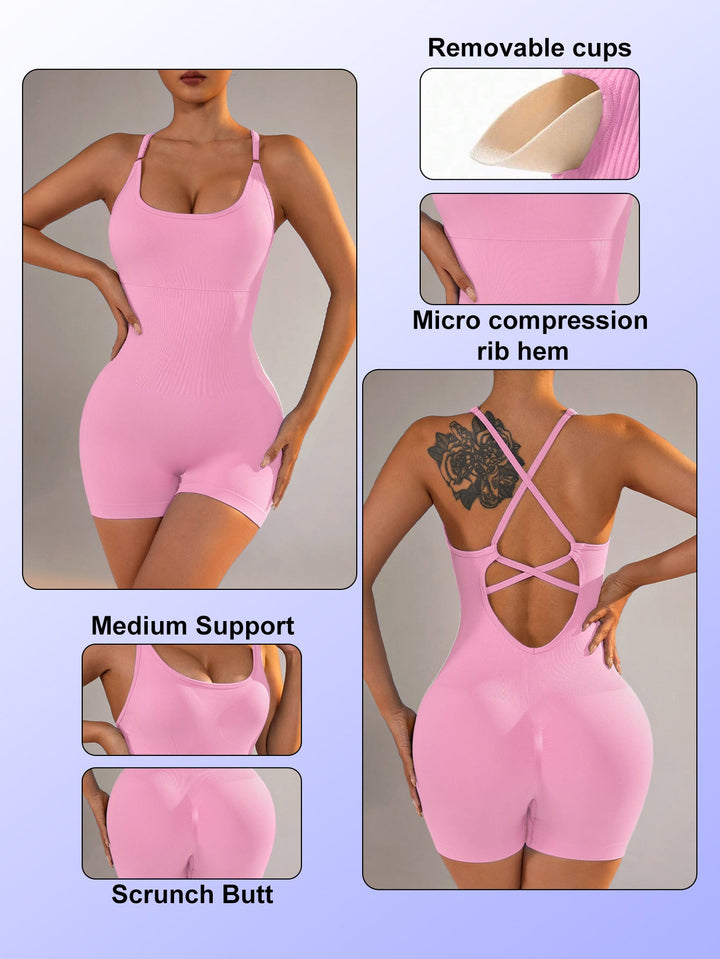 Translation missing: en.Size L Light Pink Grey Nylon Seamless Yoga Bodysuit - Women's Athletic Romper, Crisscross Back, Workout Jumpsuit