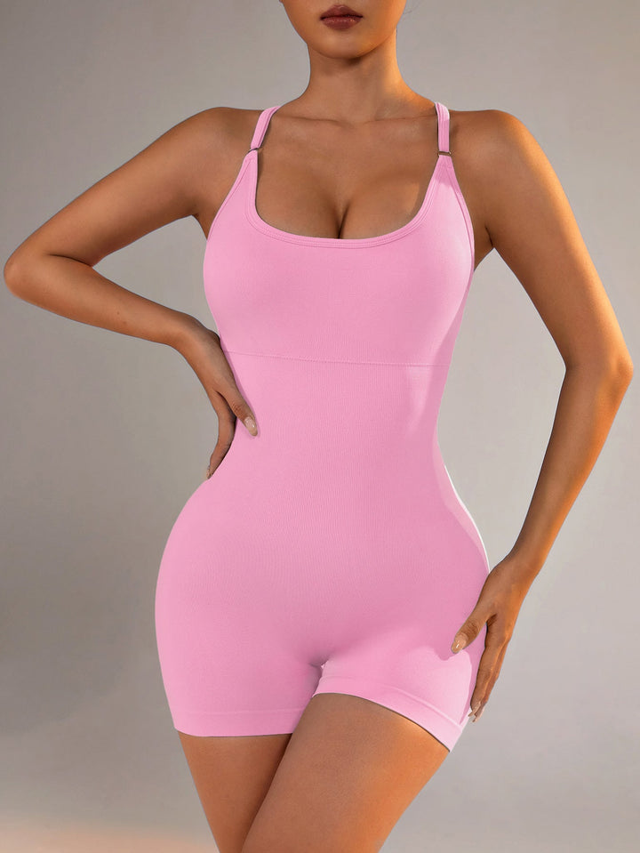 Translation missing: en.Size S Light Pink Grey Nylon Seamless Yoga Bodysuit - Women's Athletic Romper, Crisscross Back, Workout Jumpsuit